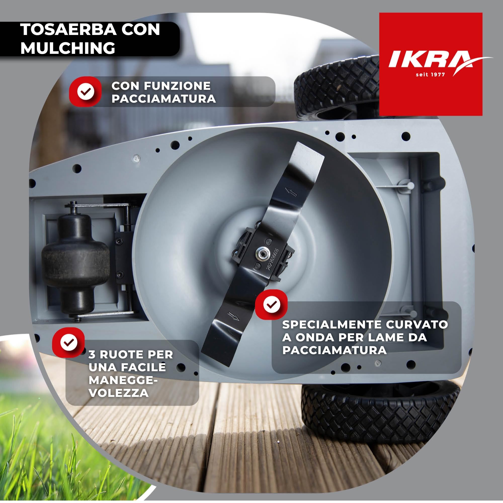 IKRA tosaerba a una mano ICHM 20 con funzione mulching, per prati di piccole 50 m², incl. batteria e caricabatteria