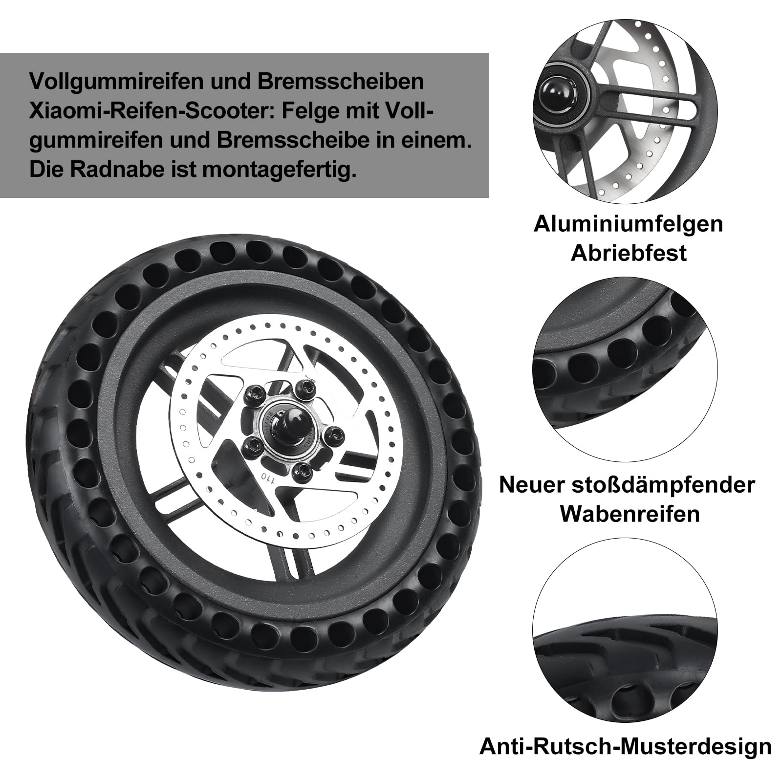 Roue Arrière pour Trottinette Xiaomi M365 / 1S, 8,5" Pneu Alvéolé Anticrevaison avec Jante et Disque de Frein 110mm