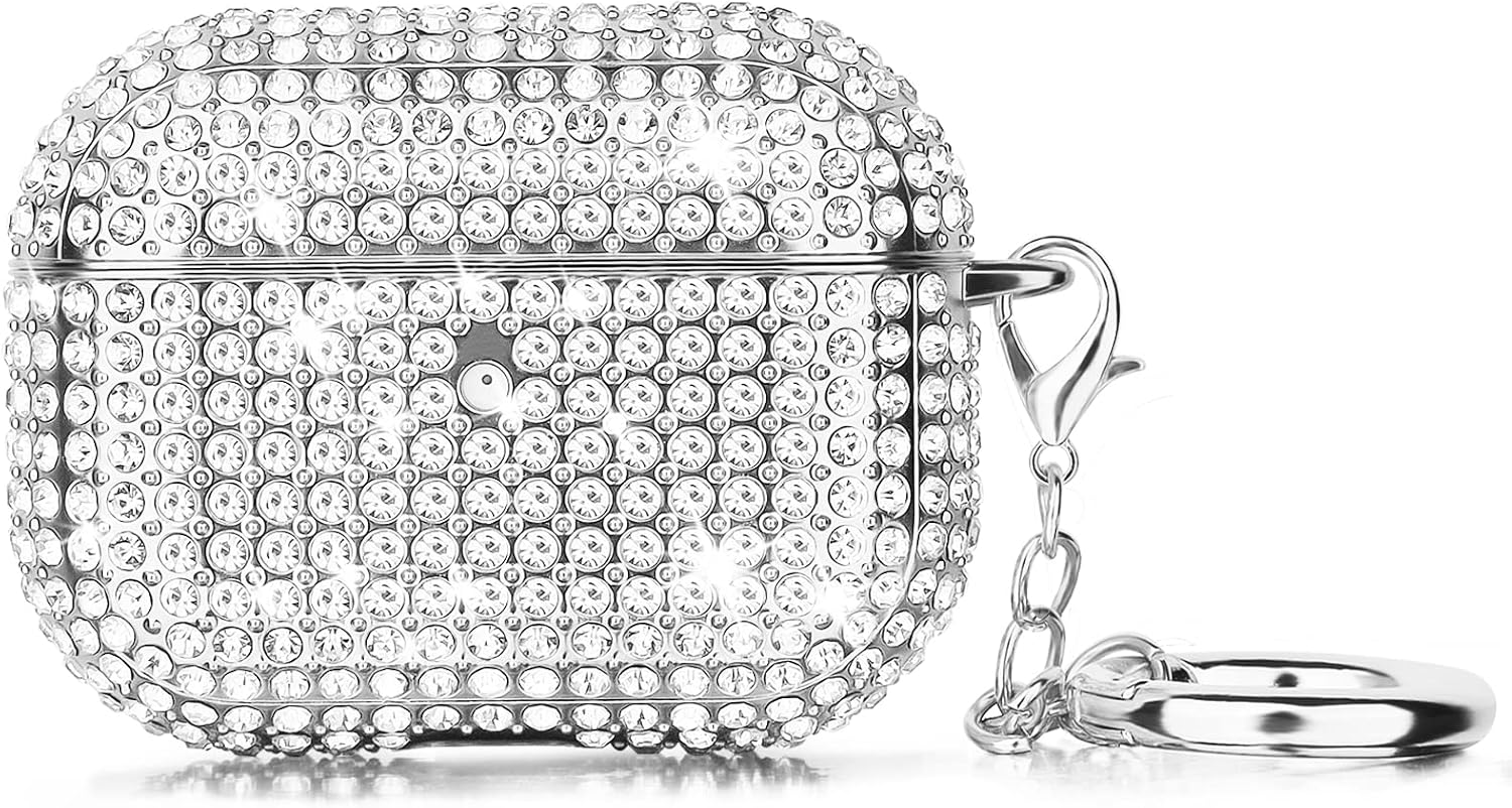 Case for Airpods Pro, Filoto Bling Crystal PC AirPod Pro Case Cover for Women Girls, Cute Air Pod Pro Protective Accessories with Lobster Clasp Keychain for Apple Air Pods Pro Charging Cases (White)