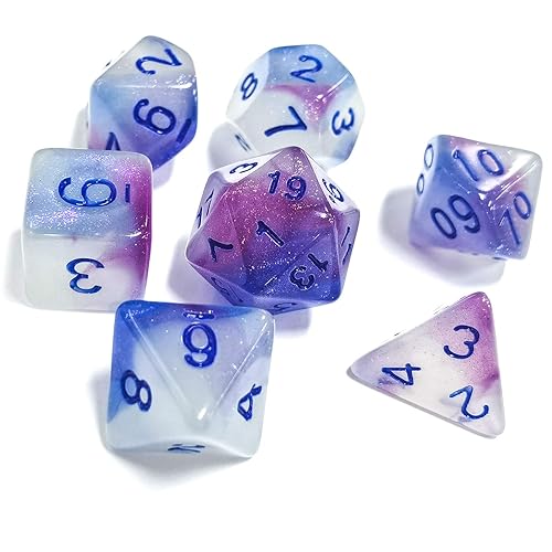 FLASHOWL Juego de 7 dados multifacéticos para juegos de rol (D4, D6, D8, D10, D12, D20, D%) en morado, azul, blanco, material acrílico, forma hexaedro