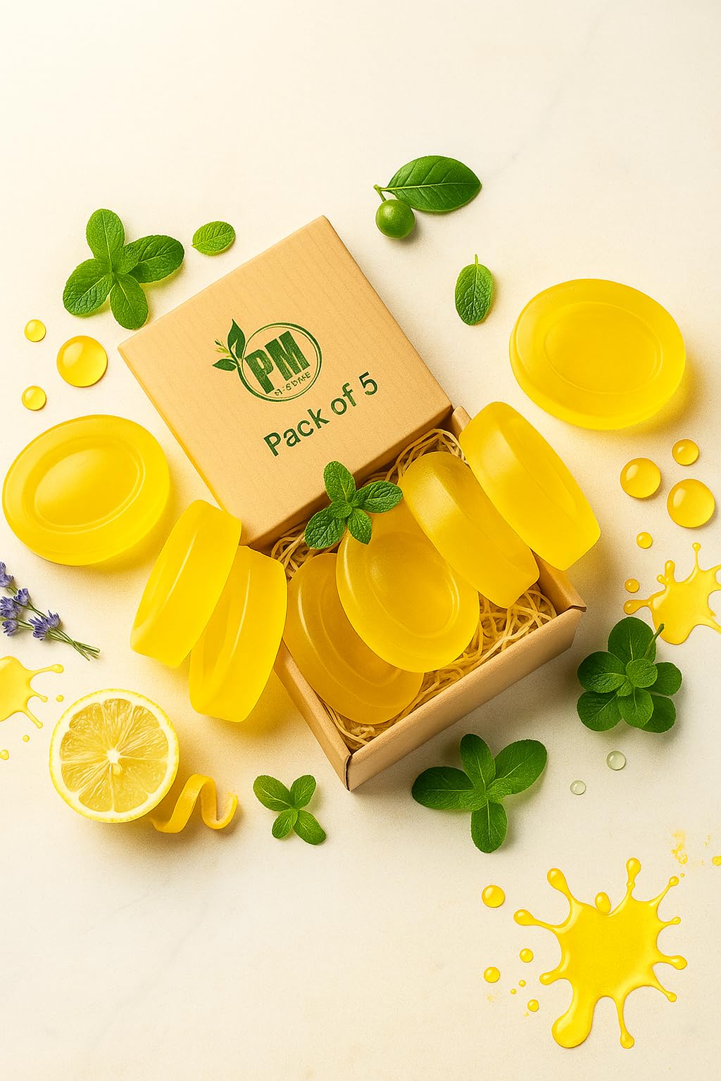 PM Herbal Lemon Natural Glycerine Soap | Handmade Bathing Bars | Paraben Free & SLS/SLES Free | Enriched with Coconut Oil, Vitamin E & Essential Oils for Fresh, Glowing & Moisturized Skin (Pack of 5)-image-34