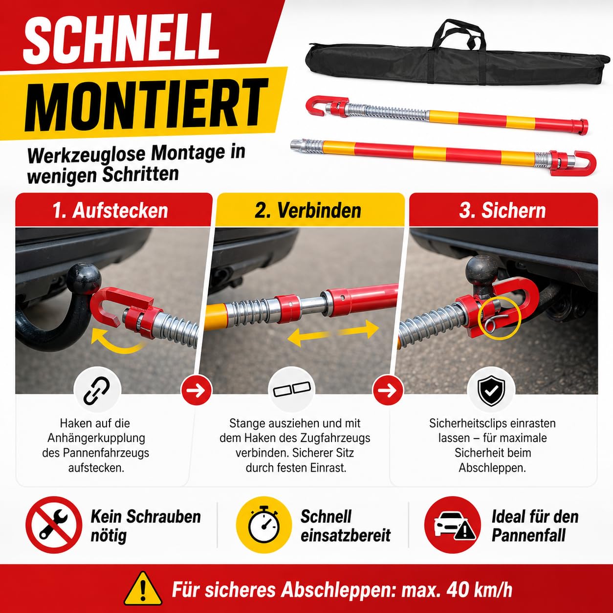 8T Tragfähigkeit-Abschleppstange 187CM für Pkw Universell