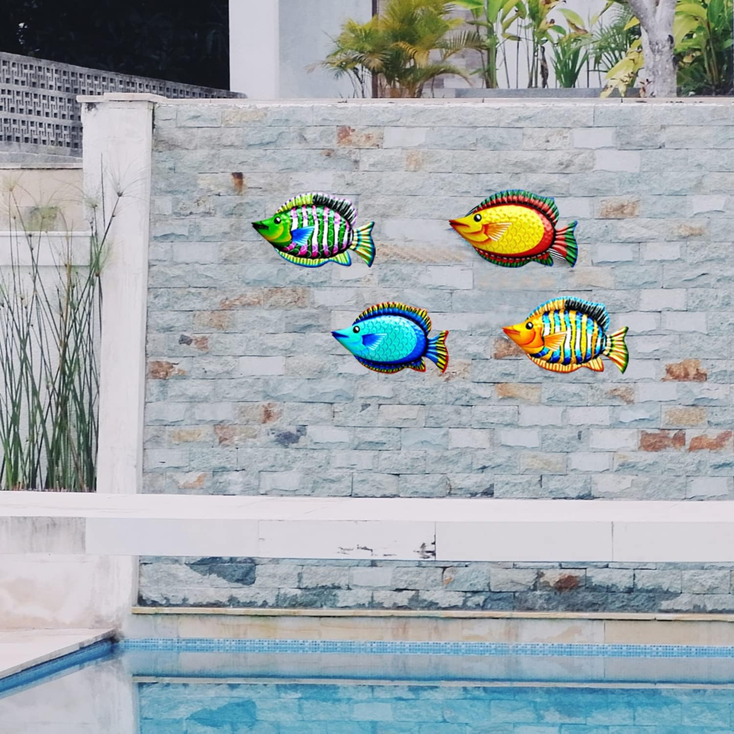 Metal Fish Wall Decor 11.8'' Metal Colorful Tropical Fishes 3D Outdoor Sculpture Indoor Outside Beach Ocean Theme Metal Wall Art Decor for Bathroom Living Room Patio Pool Yard Fence Wall Decorations