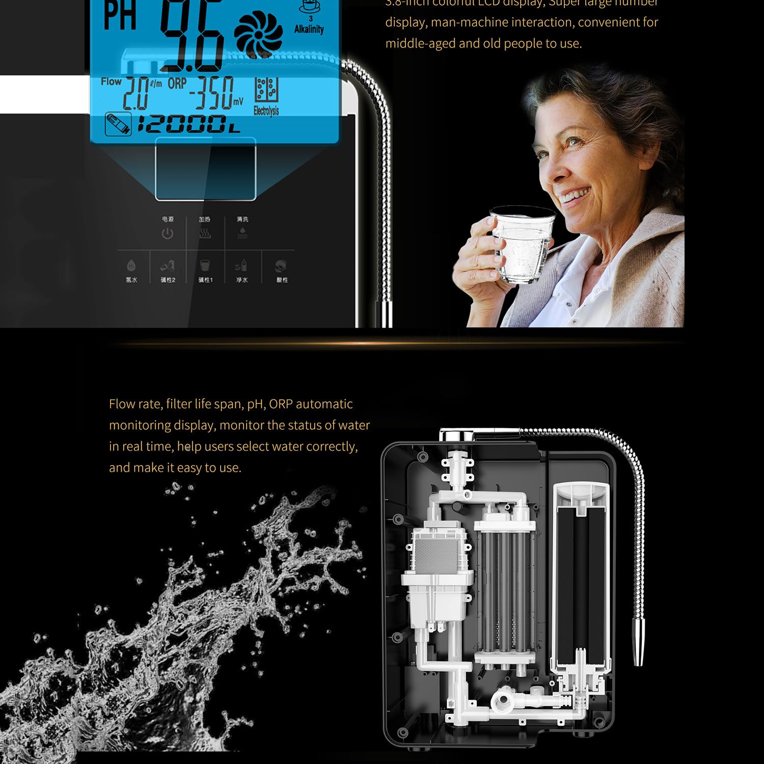 Purificador Agua Ph 2.8-11.0 Máquina Agua ácido Alcalino,hasta -800 Mv Orp,6000~12000 L por Filtro,Limpieza Automática,Voz Inteligente,220V