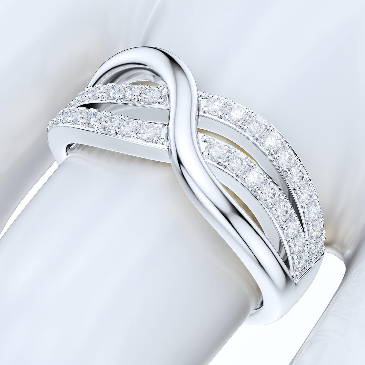 Sterling Silver Ribbon Bowknot Infinity Simulated Round Brilliant Cut Diamond or Genuine Moissanite Cross Twisted Knot Wedding Ring