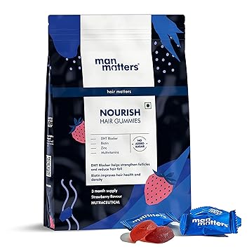Man Matters Biotin Hair Gummies 90 Day Pack for Men | No Added Sugar | With DHT Blockers, Biotin, Vitamin A, C, E & Zinc | For Stronger & Faster Hair Growth | Strawberry Flavored,100% Vegetarian