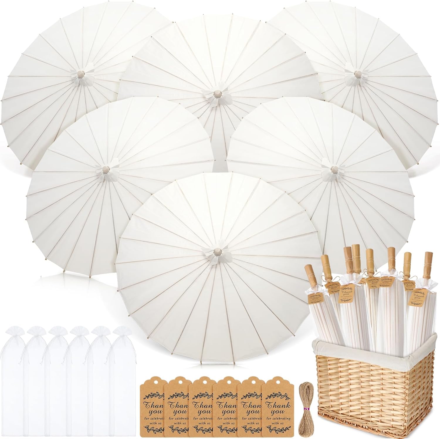 6 Set Parasol Umbrella 33 Inch Wedding Paper Umbrellas Thank You Card Chinese Japanese Parasol DIY Oiled Paper Painting Craft Decorative for Bridal Party Decor Outdoor Photography Props (White)
