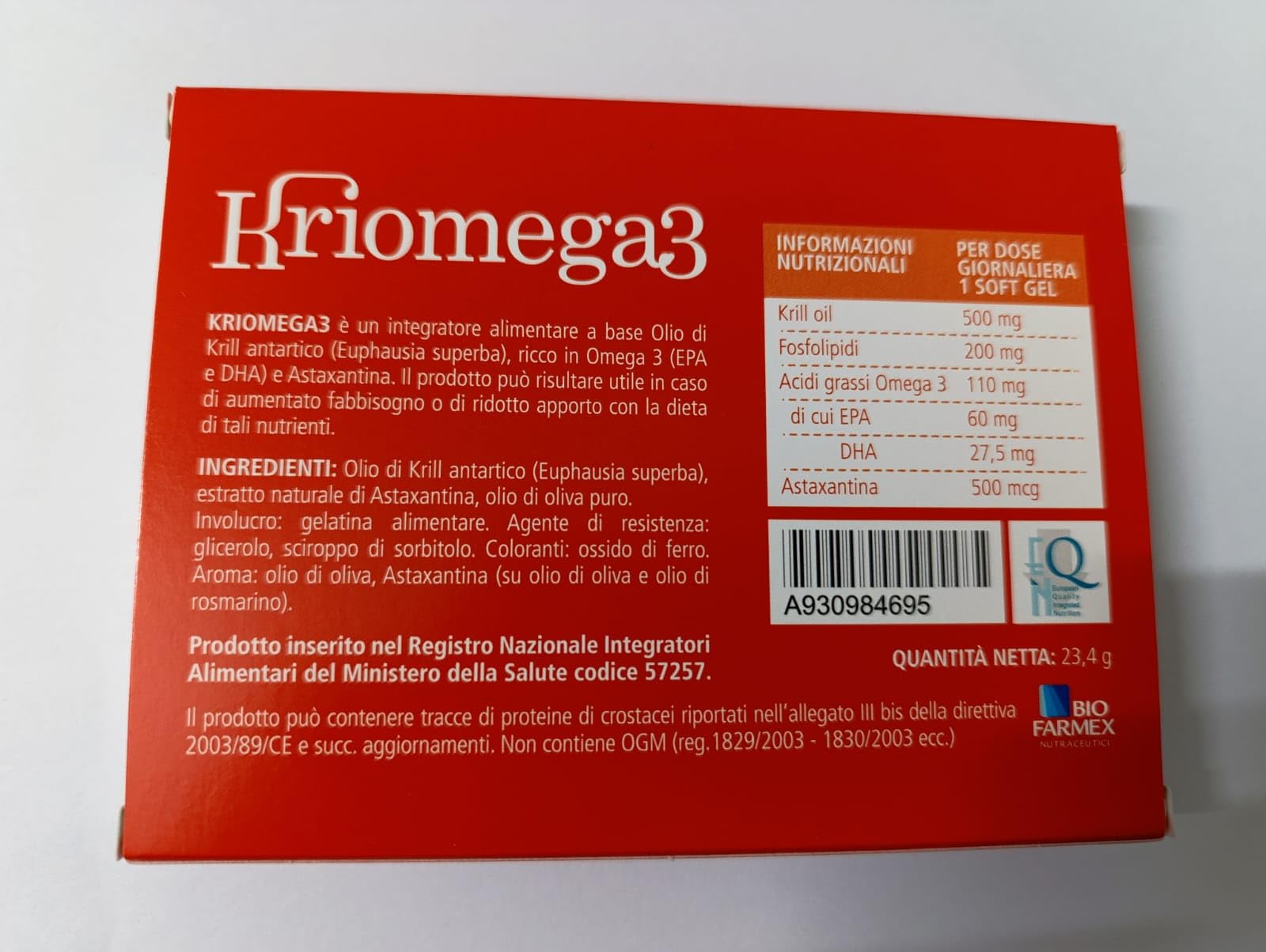 KRIOMEGA 3 30 softgel - Integratore alimentare di omega 3 da krill oil con Astaxantina