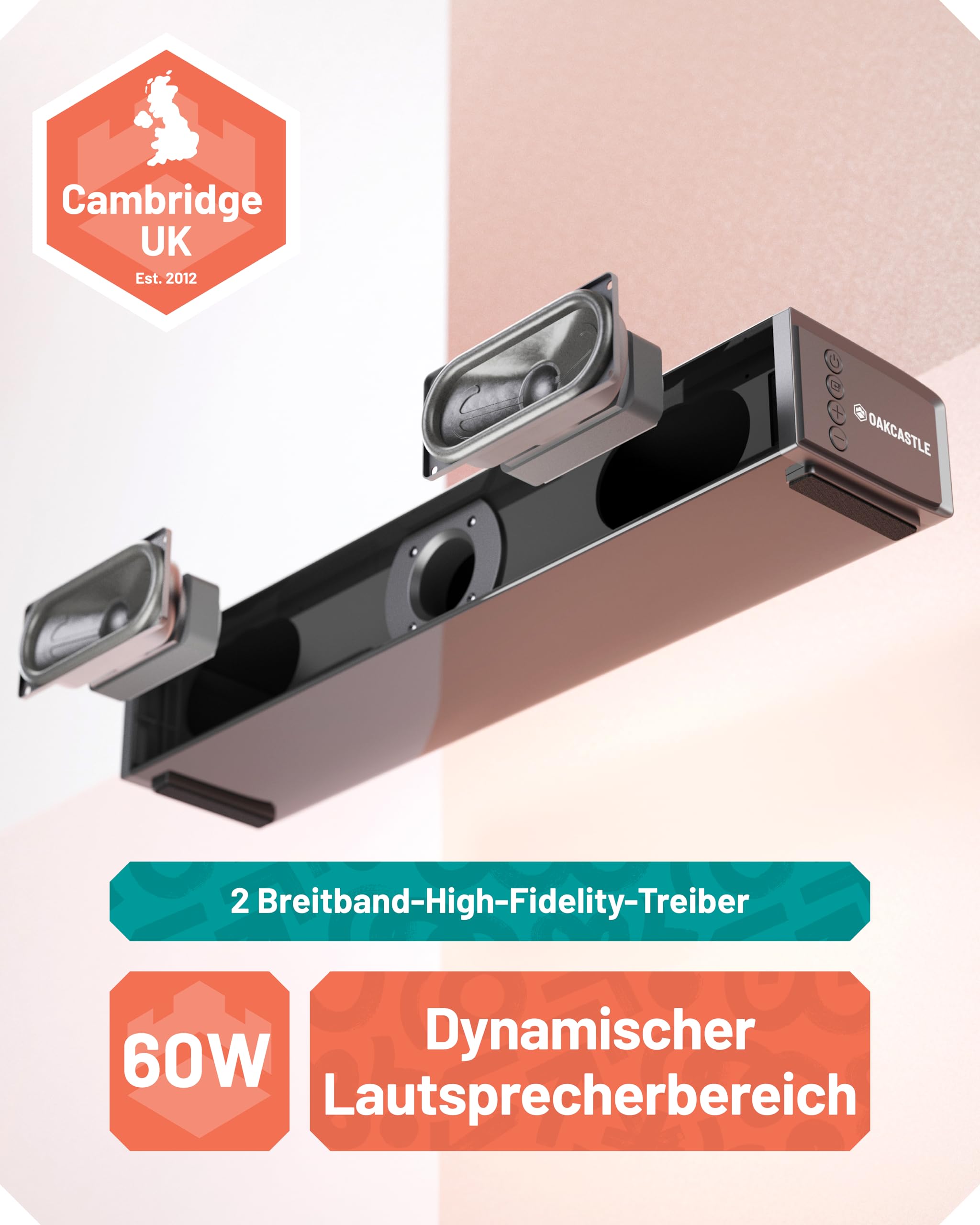 Oakcastle SB40 Soundbar für TV Geräte | Bluetooth Mini Sound Bar | 60W 2.0 TV Lautsprecher für Fernseher | PC Gaming Soundbar | HDMI ARC Sound Bar mit AUX | Inklusive Wandhalterung und Fernbedienung