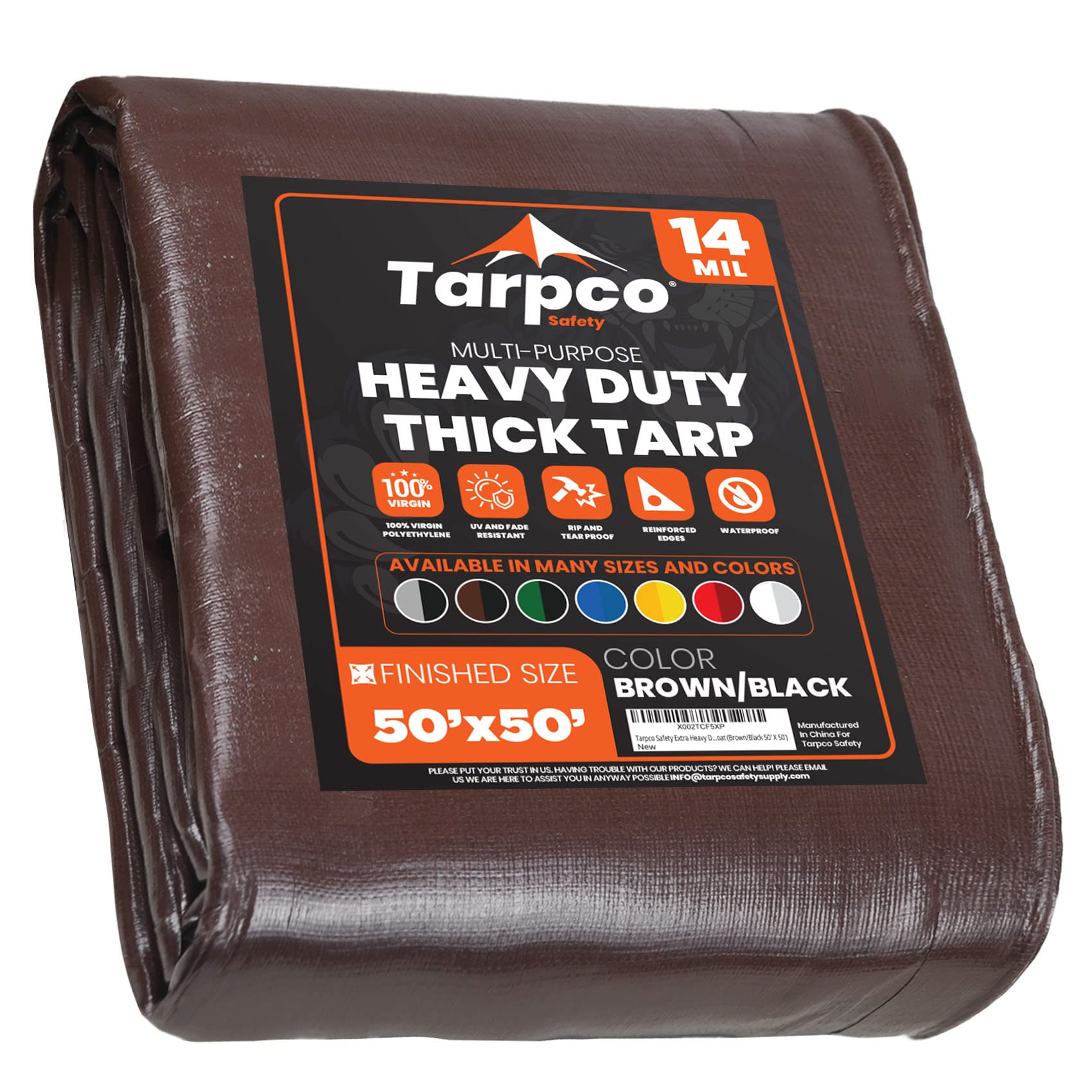 Extra Heavy Duty 14 Mil Tarp Cover, Waterproof, UV Resistant, Rip and Tear Proof, Poly Tarpaulin with Reinforced Edges for Roof, Camping, Patio, Pool, Boat (Brown/Black 50′ X 50′)