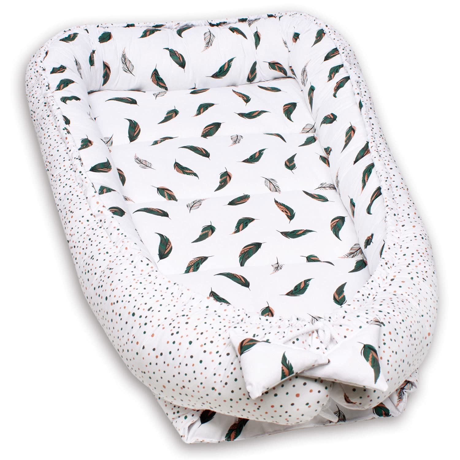 PaLulli 120 x 60 cm nido para bebé, tamaño XXL, capullo para bebé, 2 caras, 100% algodón, almohada, nido de peluche, cuna de viaje para bebés y bebés (plumas)