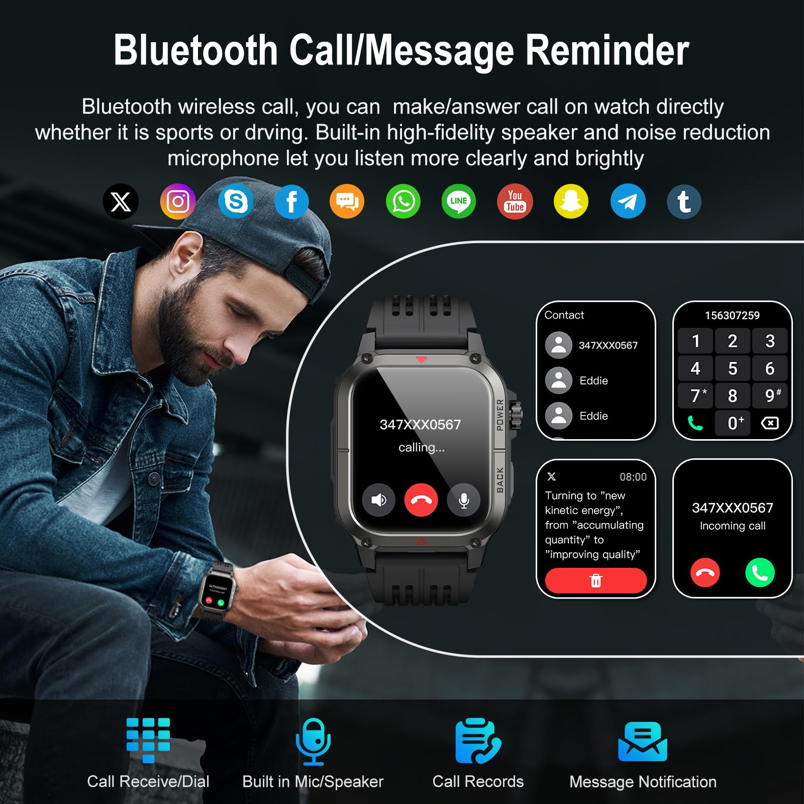Smartwatch Militare Uomo con Funzione Telefono, Orologio Smartwatch Uomo con Cardiofrequenzimetro/Sonno/Contapassi, 120+ Modalità Sport, Impermeabilen IP68 Smart Watch per Android iOS