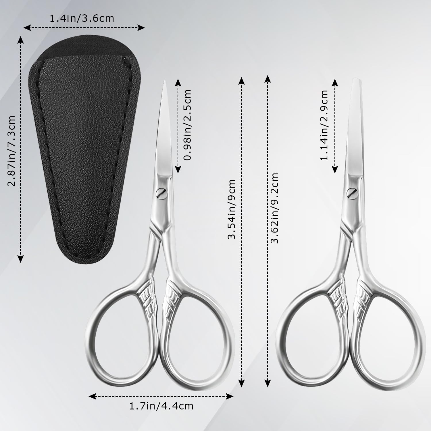 Lot de 2 paires de ciseaux à sourcils pour femme, 8,9 cm, tête ronde, ciseaux à poils pointus, adaptés pour les poils du visage, les sourcils, les cils, le nez, la barbe, étui en cuir synthétique
