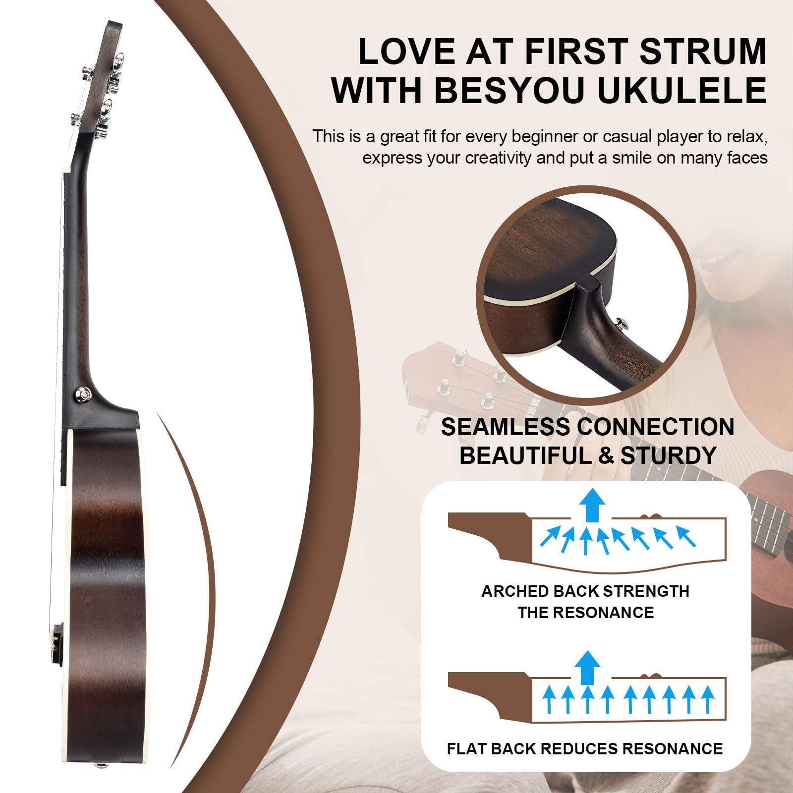 Ukulele da concerto per principianti, in mogano, con accordatore, borsa da concerto, tracolla, corda in nylon al carbonio, plettri in tessuto, scelta regalo (marrone, 23)