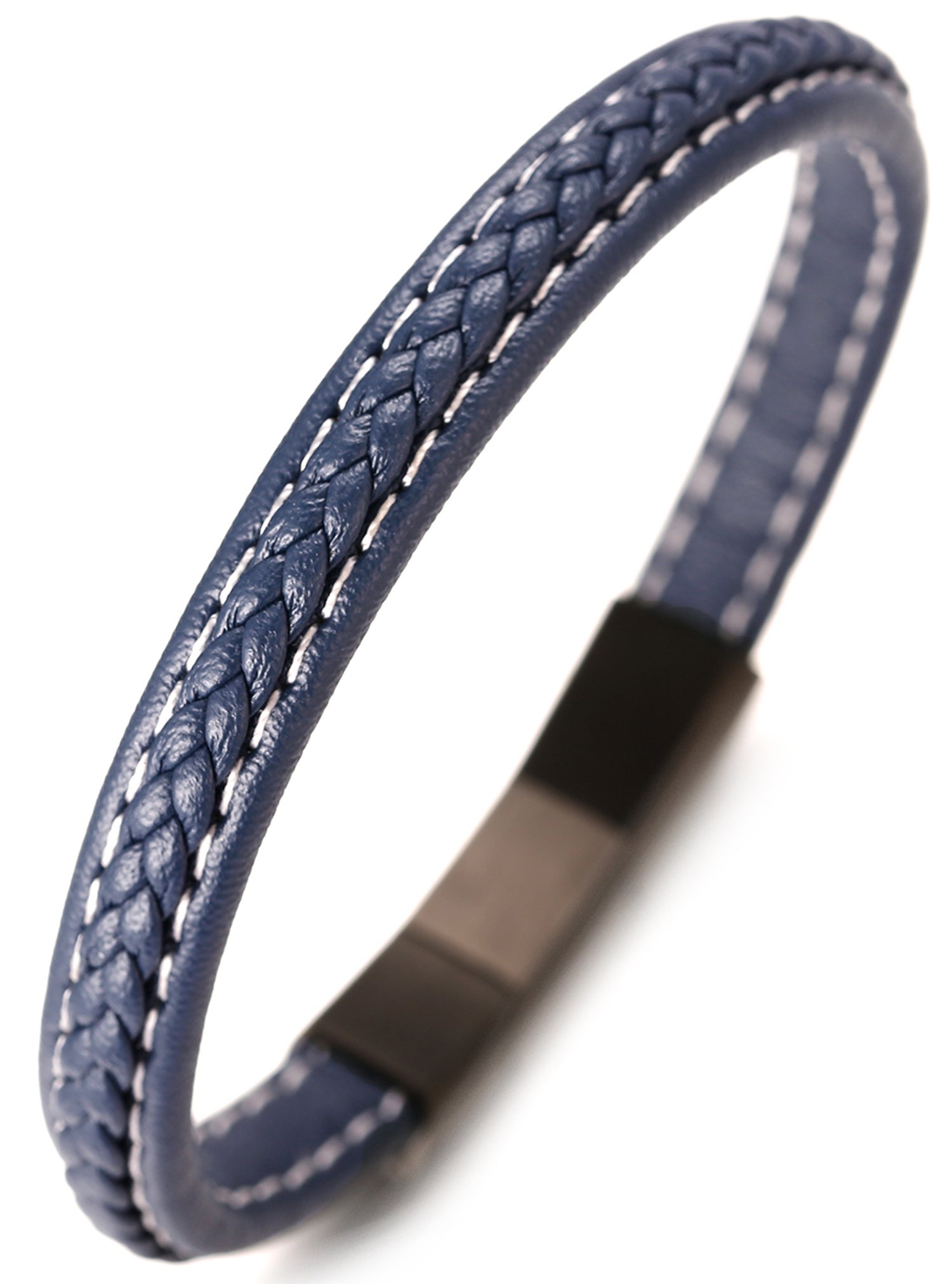 HALUKAKAHPrimera ● Jazz ● Pulsera Hombre Cuero Genuina Azul/Marrón/Negro Hecho a Mano Patrón en V Cierre Magnético Titanio Acero Inoxidable Plata/Oro/Negro 8.46"(21.5cm) con CajaDeRegaloGRATIS