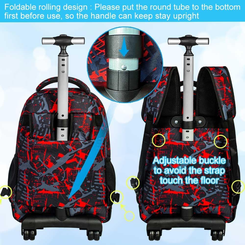 3Pcs Rolling Backpack for Boys, 19 Inche Adults Roller Bag with Wheels, Graffiti Wheeled Bookbag Set for Men(Red) - Image 4