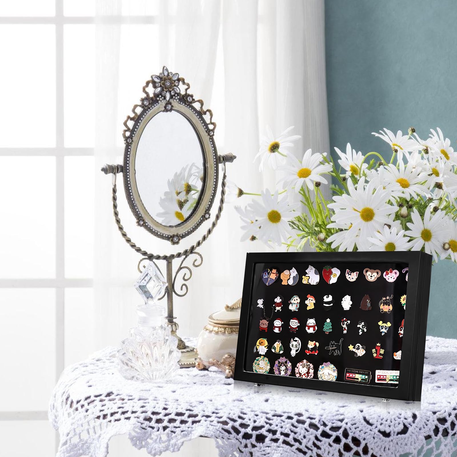 Vitrine à épingles : boîte de rangement broche en bois avec couvercle en verre, boîtes de présentation affichage épingle émail pour épingle de poitrine médaille insigne bijoux