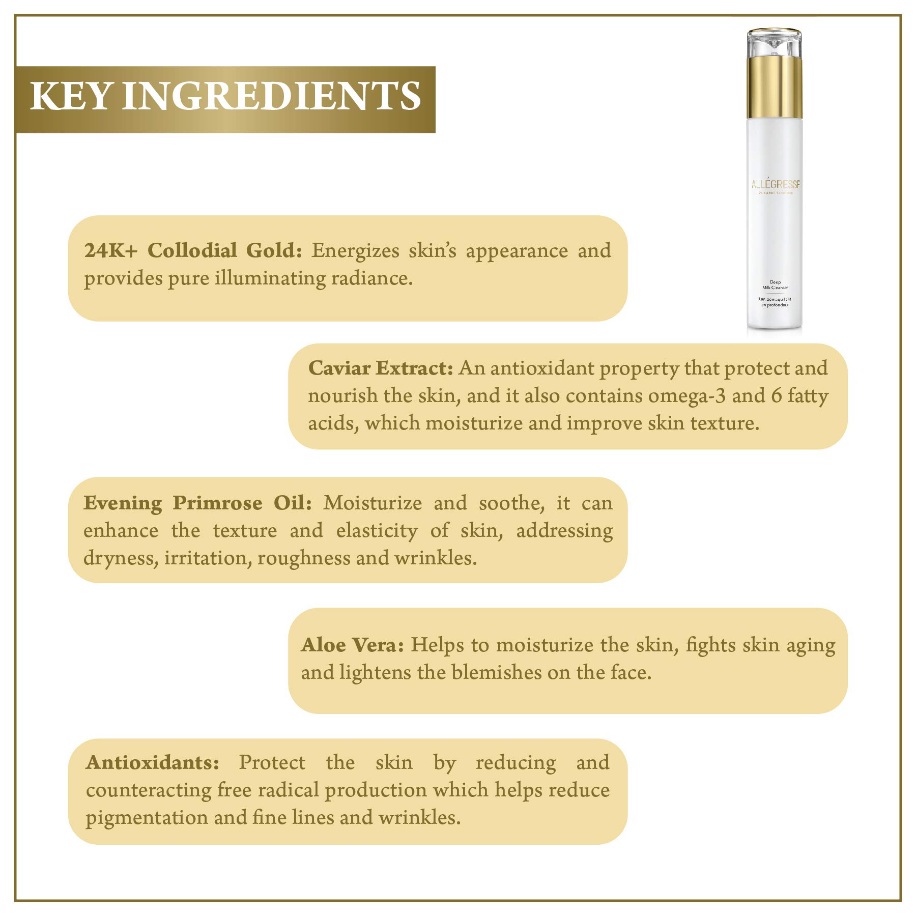 ALLÉGRESSE 24 KARAT SKINCARE Gold Deep Milk Face Cleanser – wzbogacony o składniki botaniczne i przeciwutleniacze do usuwania impurities i makijażu – przeciw starzeniu się głębokiego oczyszczania bez