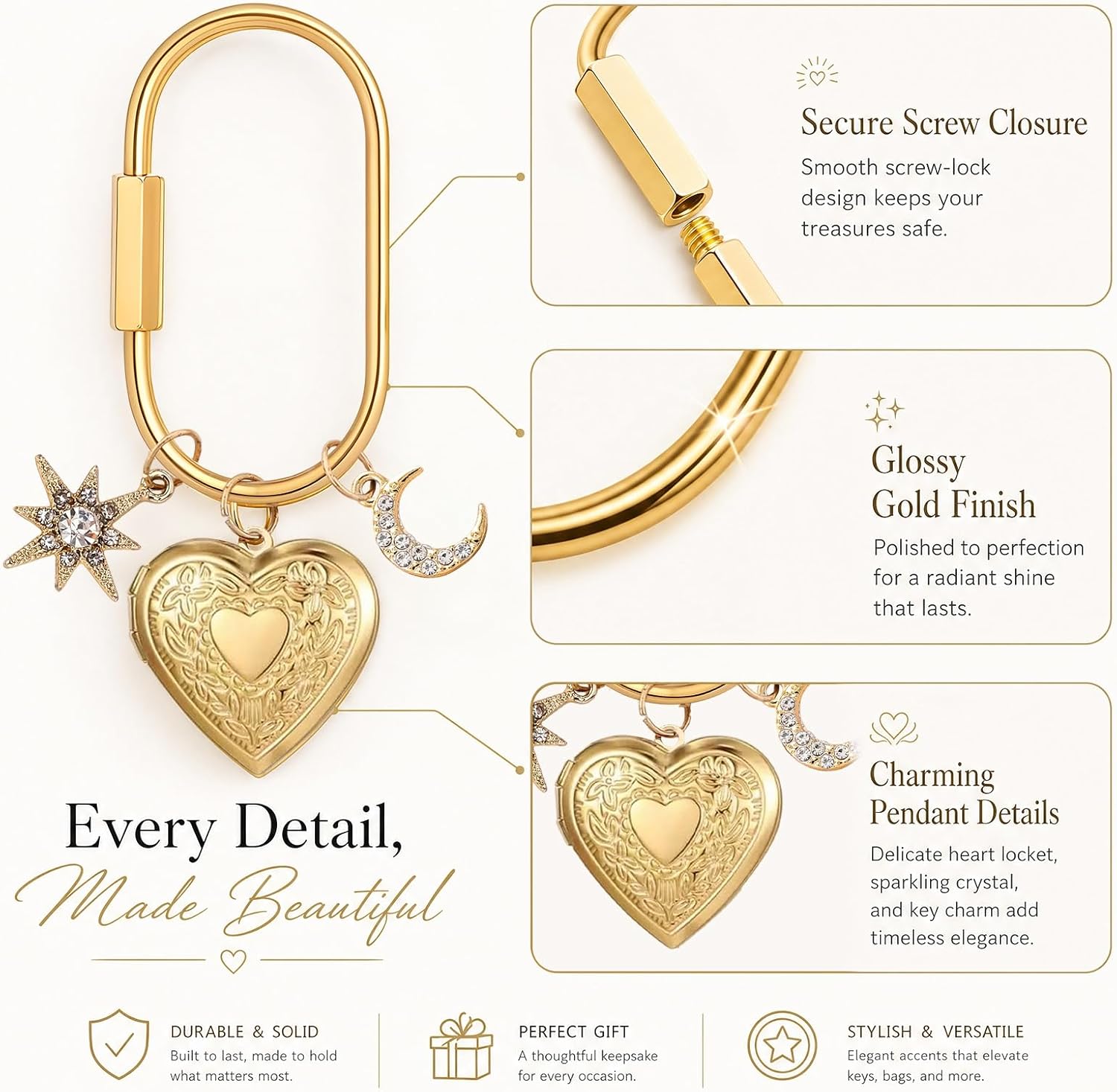Gold Carabiner Bag Charms - Brass Screw Lock Keychain Purse Clips image 3