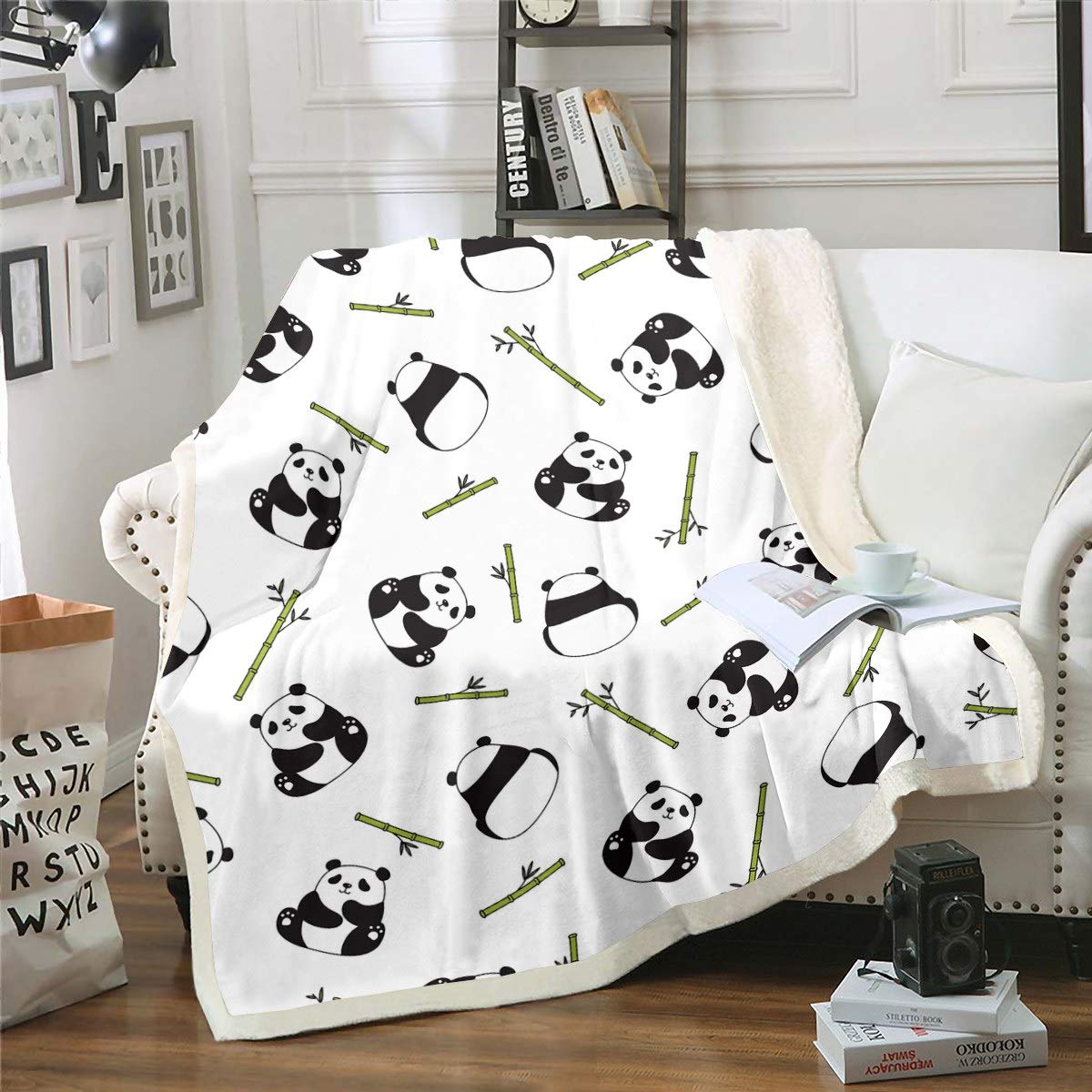 Loussiesd Multi 13 Kids Cute Panda Sherpa Cartoon Animal Pattern Fleece Blanket Lovely Black White Panda Bear For Sofa Couch Green Bamboo Room Decor Baby 30"X40"