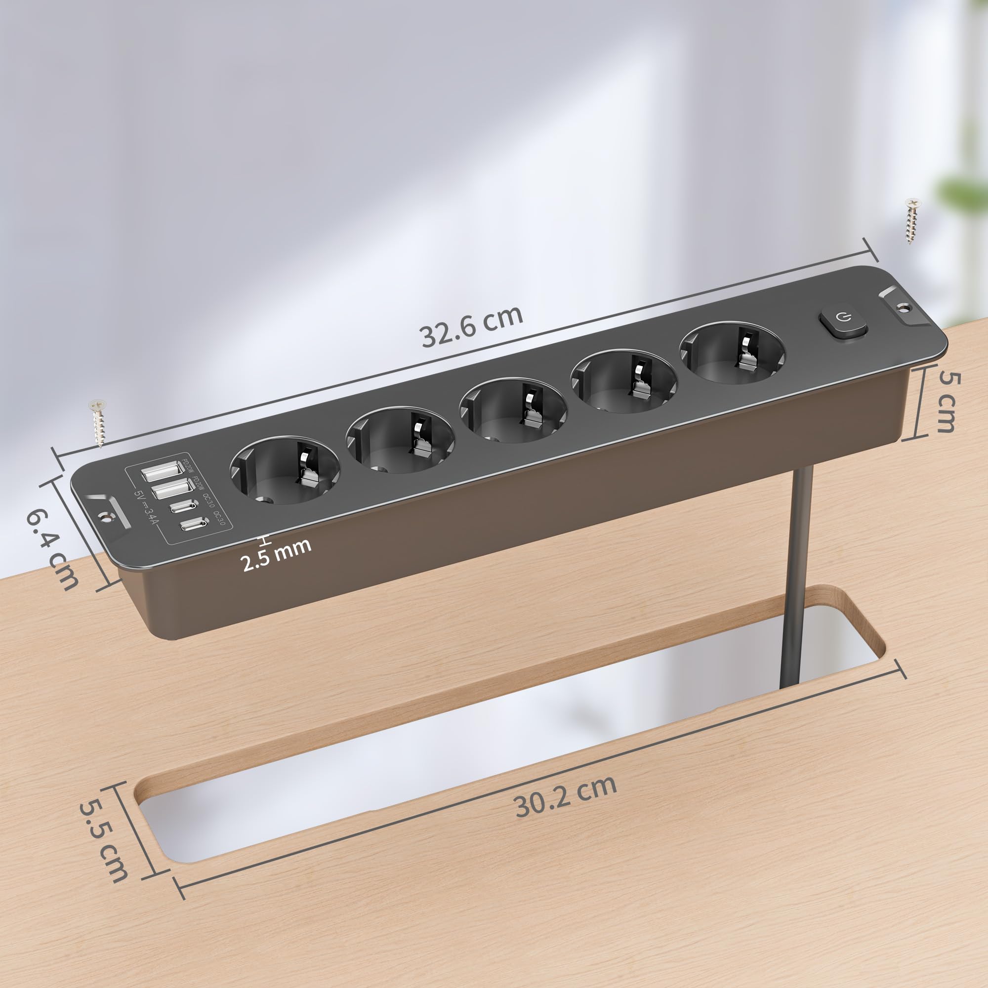 Ciabatta elettrica con USB, multipresa a 5 scomparti con interruttore, presa a scomparsa da tavolo, da cucina, con cavo da 2 m, per tavolo da conferenza, piano di lavoro, divano (nero, 5 scomparti)