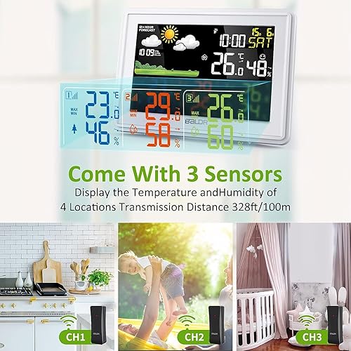 BALDR Estación meteorológica múltiples sensores, termómetro de gran color para interiores y exteriores inalámbrico con reloj atómico y barómetro