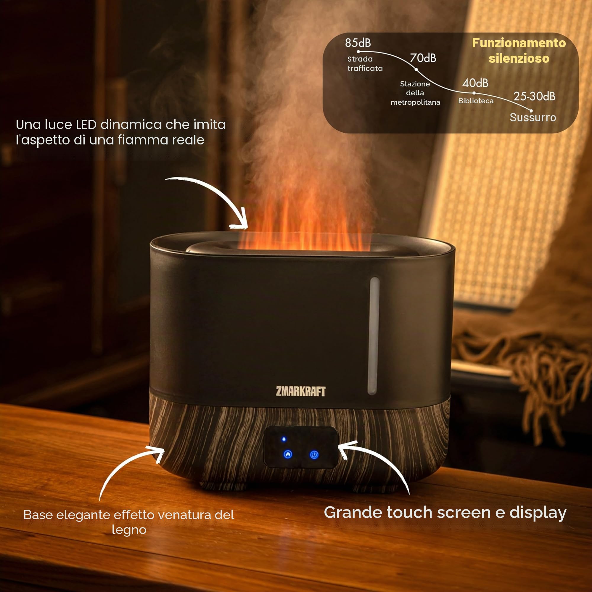 Umidificatore grande 3L con effetto fiamma, nebbia fredda ultrasonica silenziosa, riempimento superiore, livello di nebbia regolabile, nebbia fredda per ogni stagione, camera da letto e