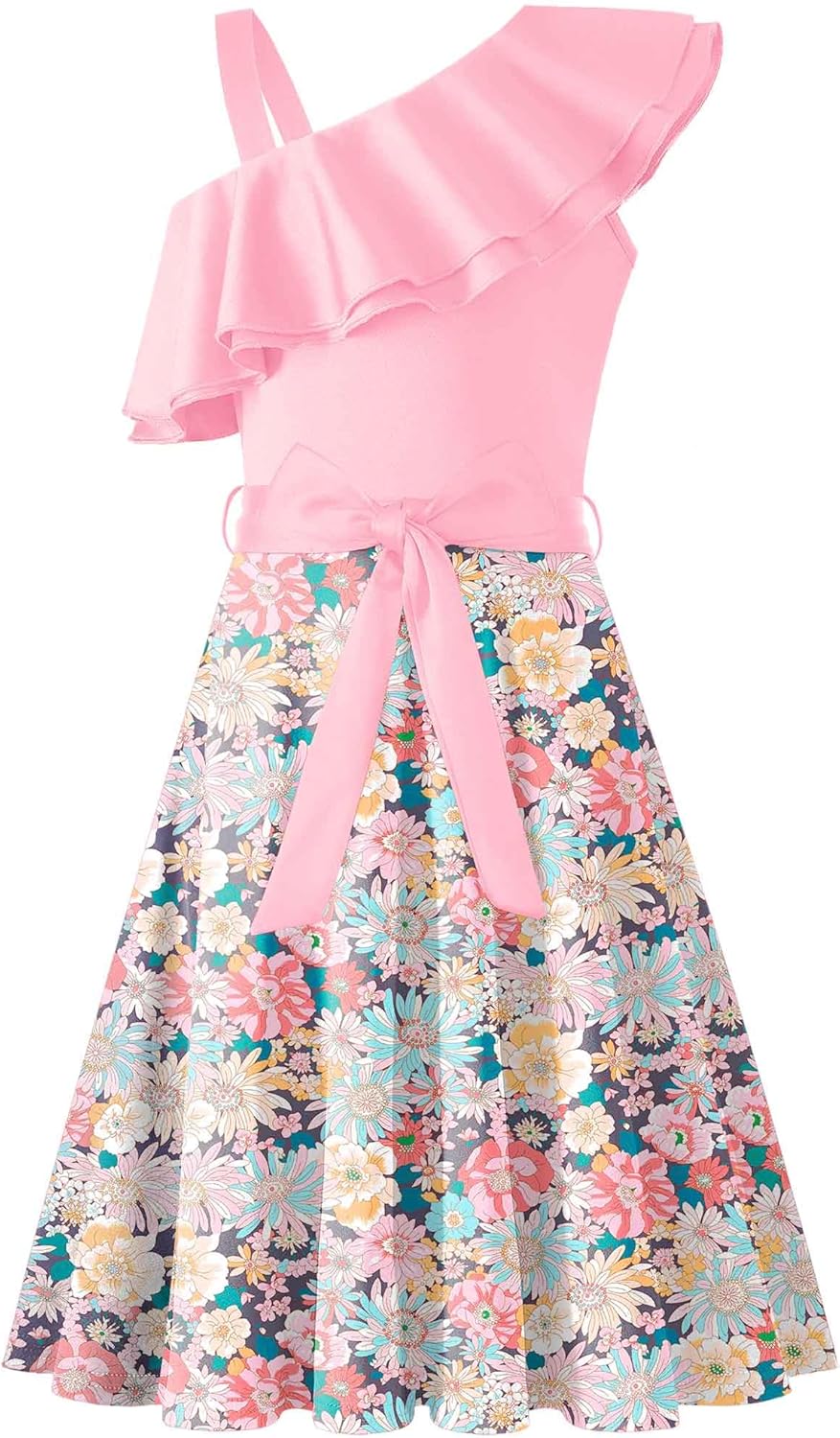 Arshiner Girls Dress One Shoulder Formal Ruffle Trim Birthday Party Dresses with Belted Pockets for 5-12 Years