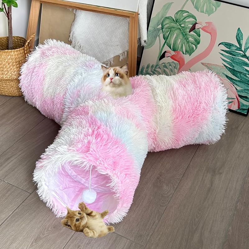 Túnel para Gatos Dobrável de Pelúcia Arco-Íris com 3 Vias Mabaytir – 81,3 x 68,6 x 25,4 cm