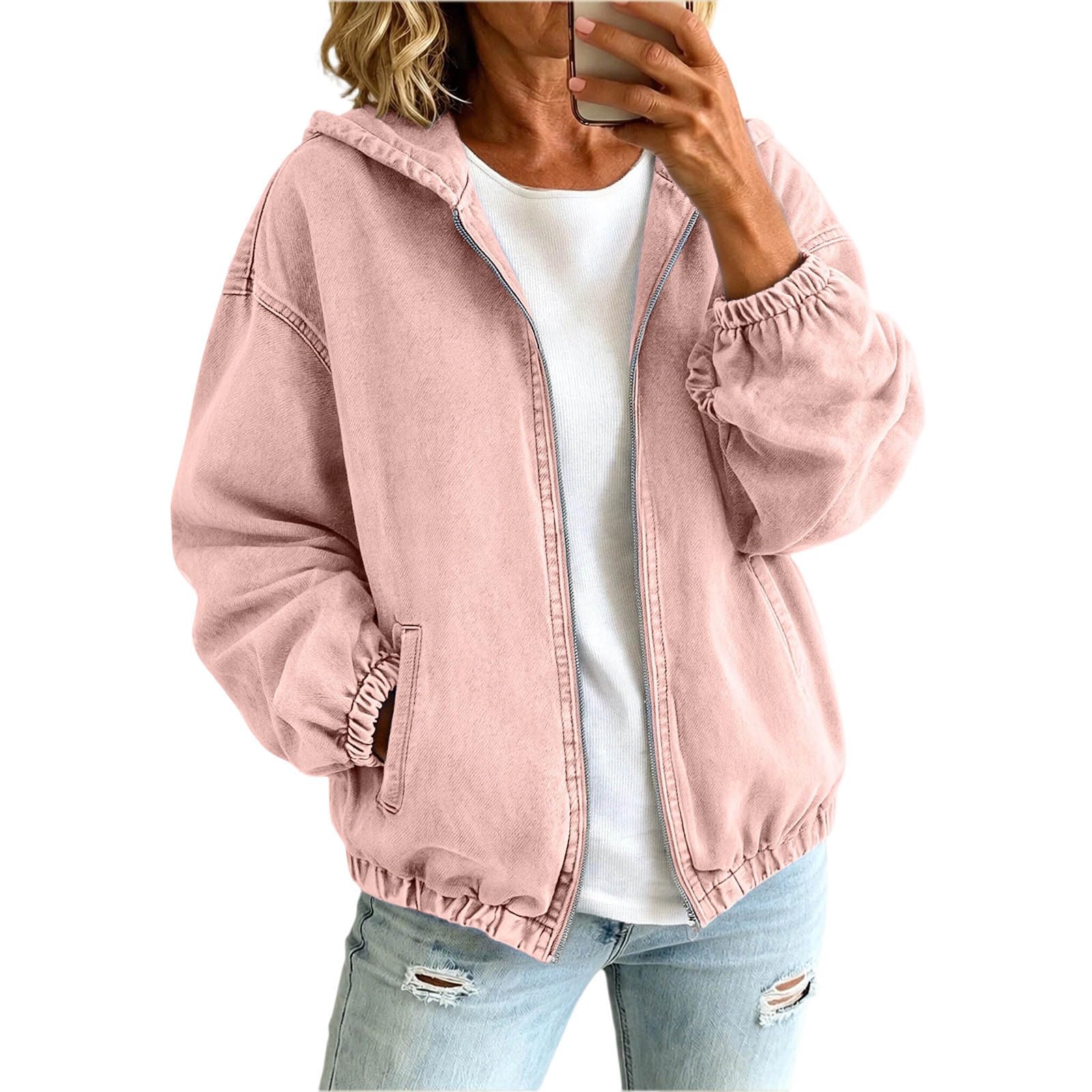 Giacca in denim da donna, a maniche lunghe, con tasche, chiusura lampo