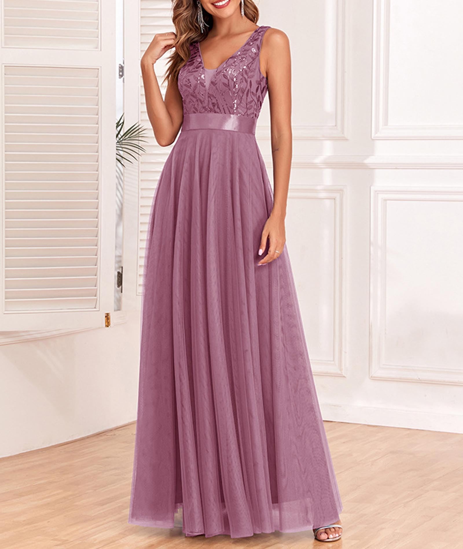 ECDAHICC Vestido de cóctel para mujer, vestido de noche, elegante, para boda, de tul, bordado, largo, sin mangas, cuello en V, vestido de fiesta