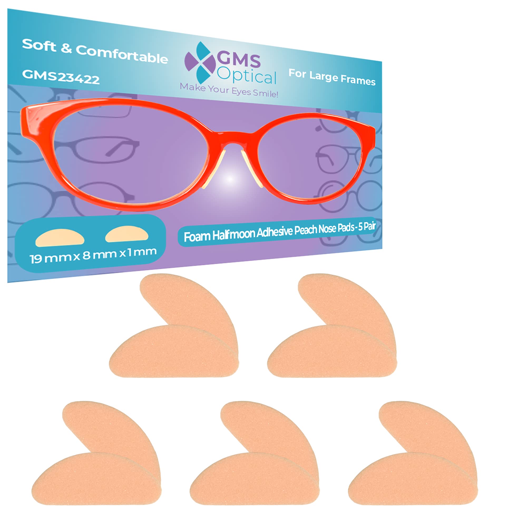 GMS Optical Ultra-Thin Quality Adhesive Halfmoon Felt Nose Pads - Removes Soreness - Extra Large (19mm x 8mm x 1mm) (5 Pair, Peach)