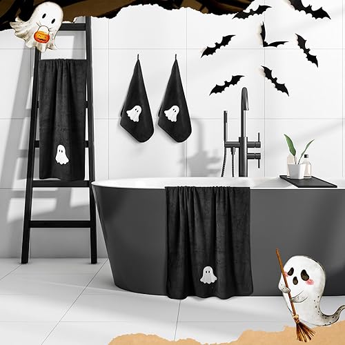 Miniatura 5 de Peryiter Juego de 6 toallas de baño de Halloween de algodón bordado de fantasma, toallas de mano de fantasma blanco y negro, absorbentes y suaves