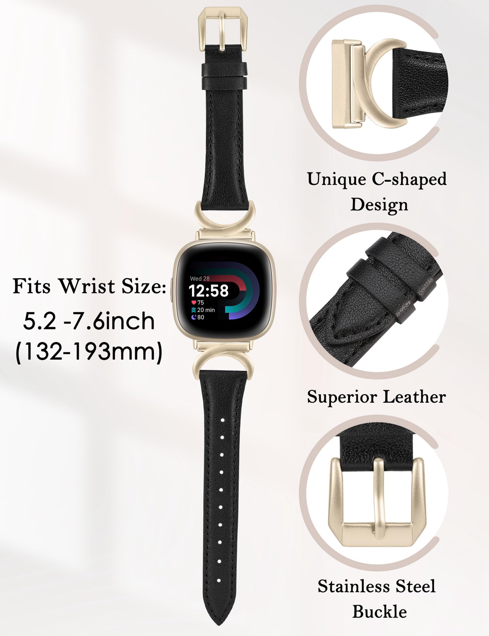 TOYOUTHS Leather Strap Compatible with Fitbit Versa 4/Versa 3/Sense 2 Women Slim Thin Dressy Premium Leather Strap with C-Shaped Metal Buckle for Versa 4 - Image 3