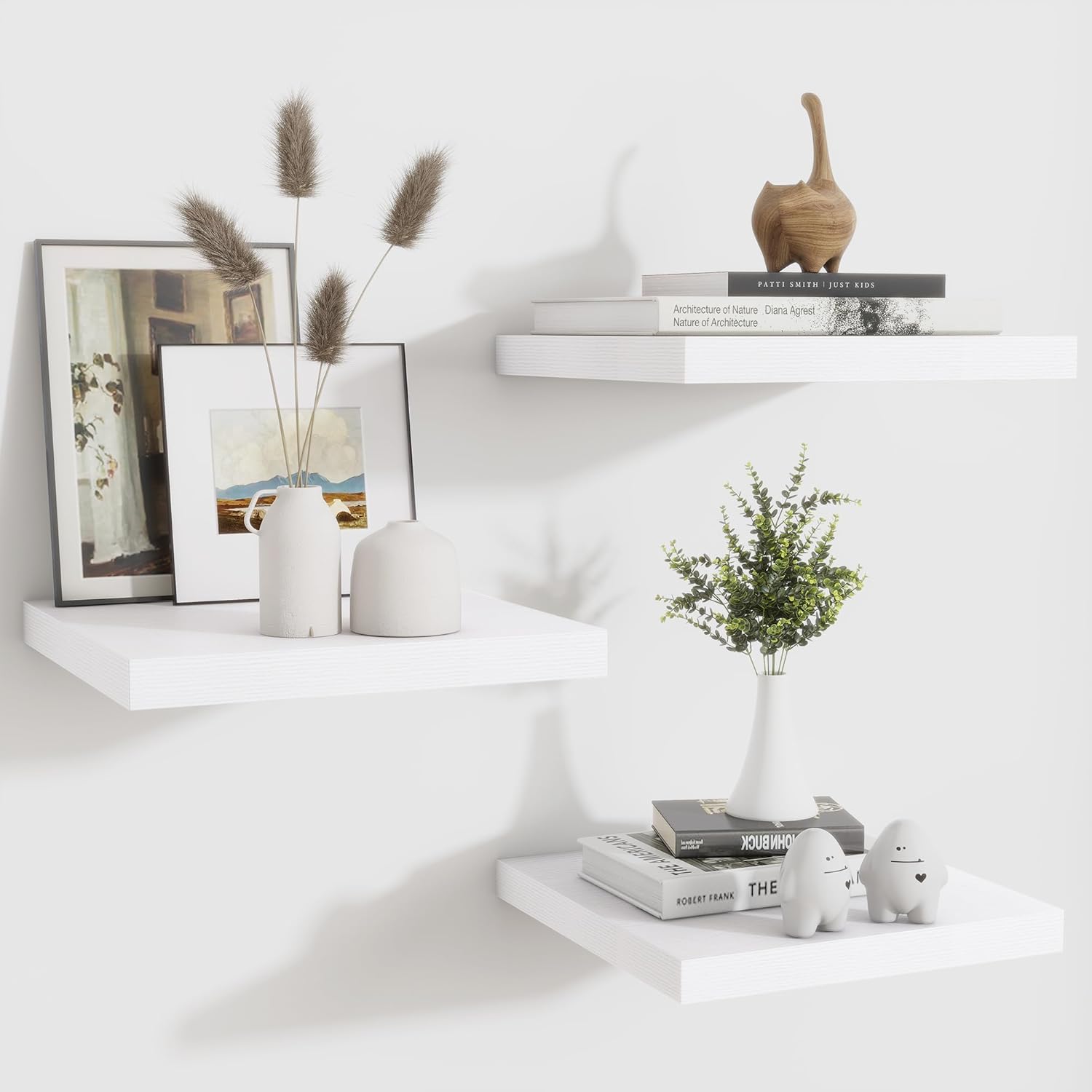 Fun Memories Floating Shelves for Wall - 12 Inch Square Shelves with Invisible Brackets, Small Wall Shelf for Living Room, Bathroom, Bedroom, and Kitchen Decor?White Set of 3