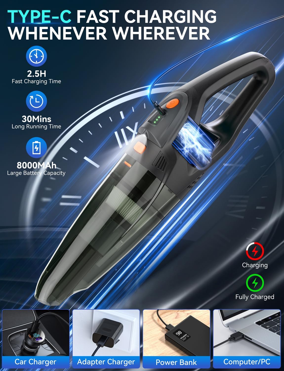 GHUSTAR Handheld Vacuum Cordless - 25000PA Strong Suction Hand Held Car Vacuum Cleaner Portable with Multi-Nozzles - Lightweight Dust Busters Rechargeable for Home Car Office Pets 2 Levels - Image 4