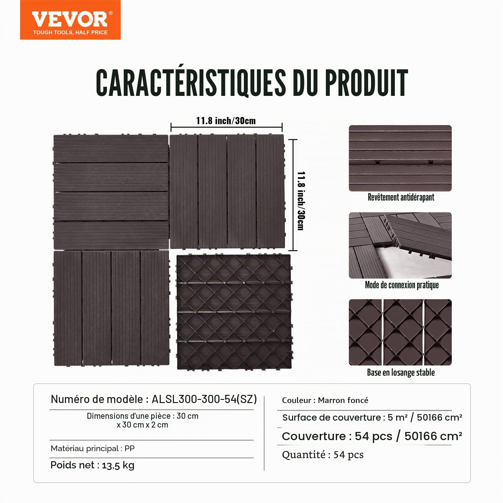 VEVOR Dalles de Terrasse Emboîtables, Lot de 54, Revêtement de Sol Plastique Imperméable, 300x300 mm, 50166 c㎡, Utilisation par Tous les Temps, pour Porche, Piscine, Balcon, Arrière-cour, Marron Foncé