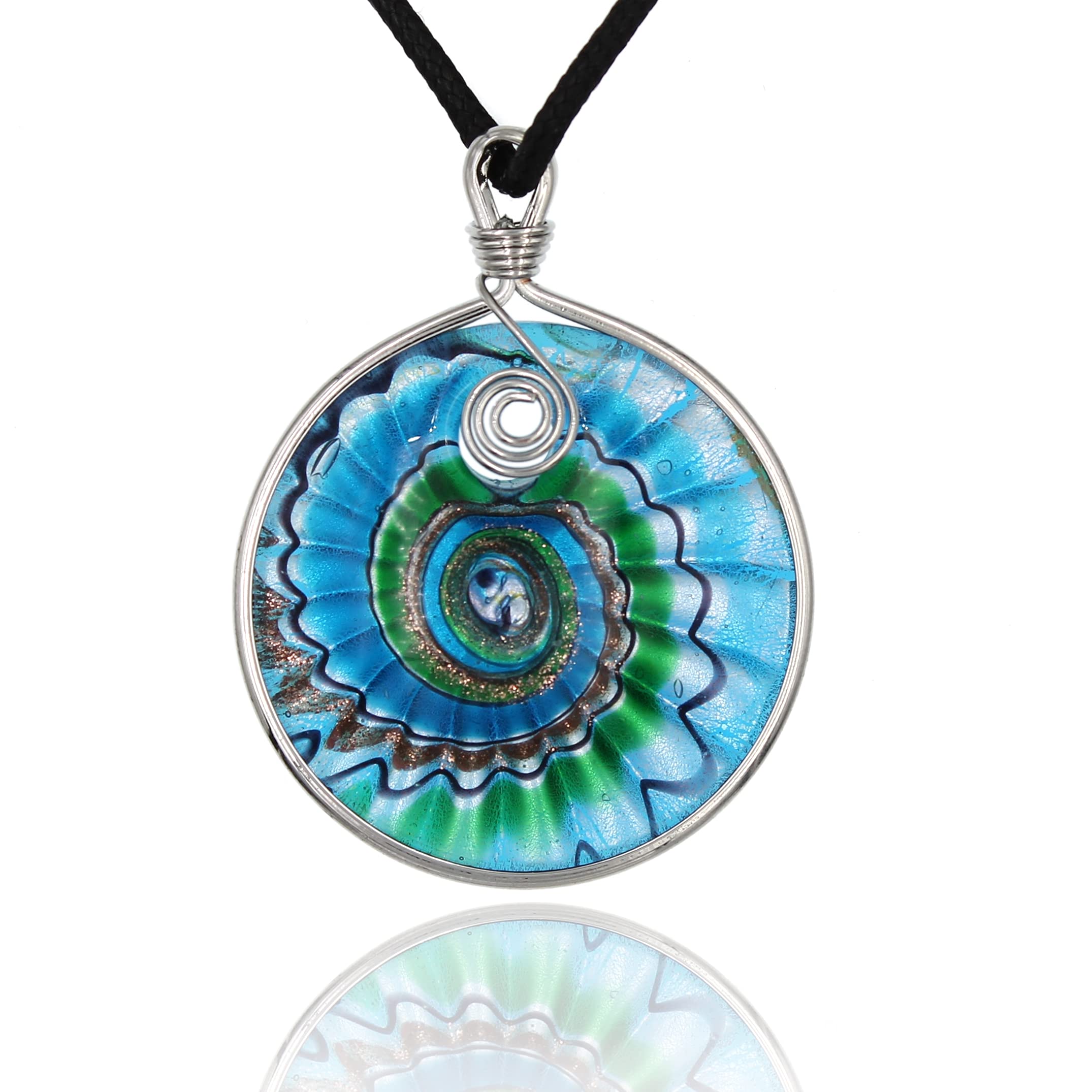 Handmade Murano Inspired Blue Green Gold-Color Dichroic Glass Round Swirl Pendant Necklace Hand Wrapped with Metal by BESHEEK │ Handcrafted Artisan Blown Hypoallergenic Italian Style Jewelry