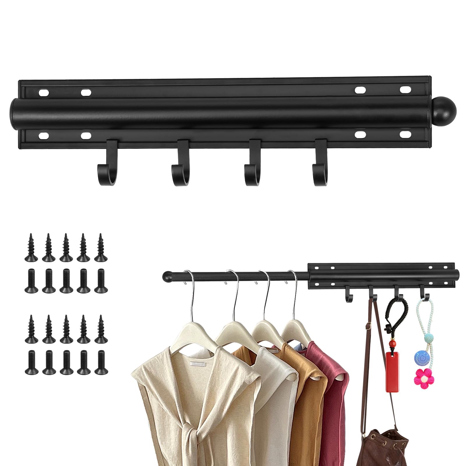 31cm Valet Rod for Closet Pull Out, Retractable Slide Out Clothes Hanger with 4 Detachable Hooks, Space Saving Adjustable Wardrobe Rail for Hanging Suits, Dresses, Sweaters, Blazers and Hats(Black)