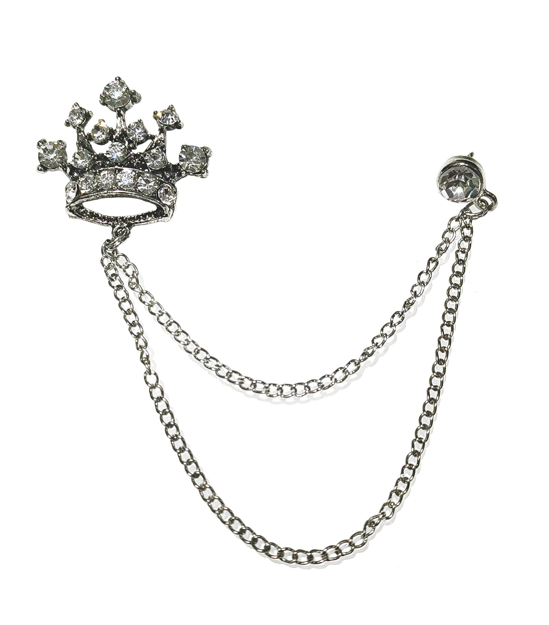 Crystal Rhinestone Studded Crown Brooch Lapel Pin Suit Collar Accessories Brooch with 2 Hanging Chains for Boys and Men-image-48