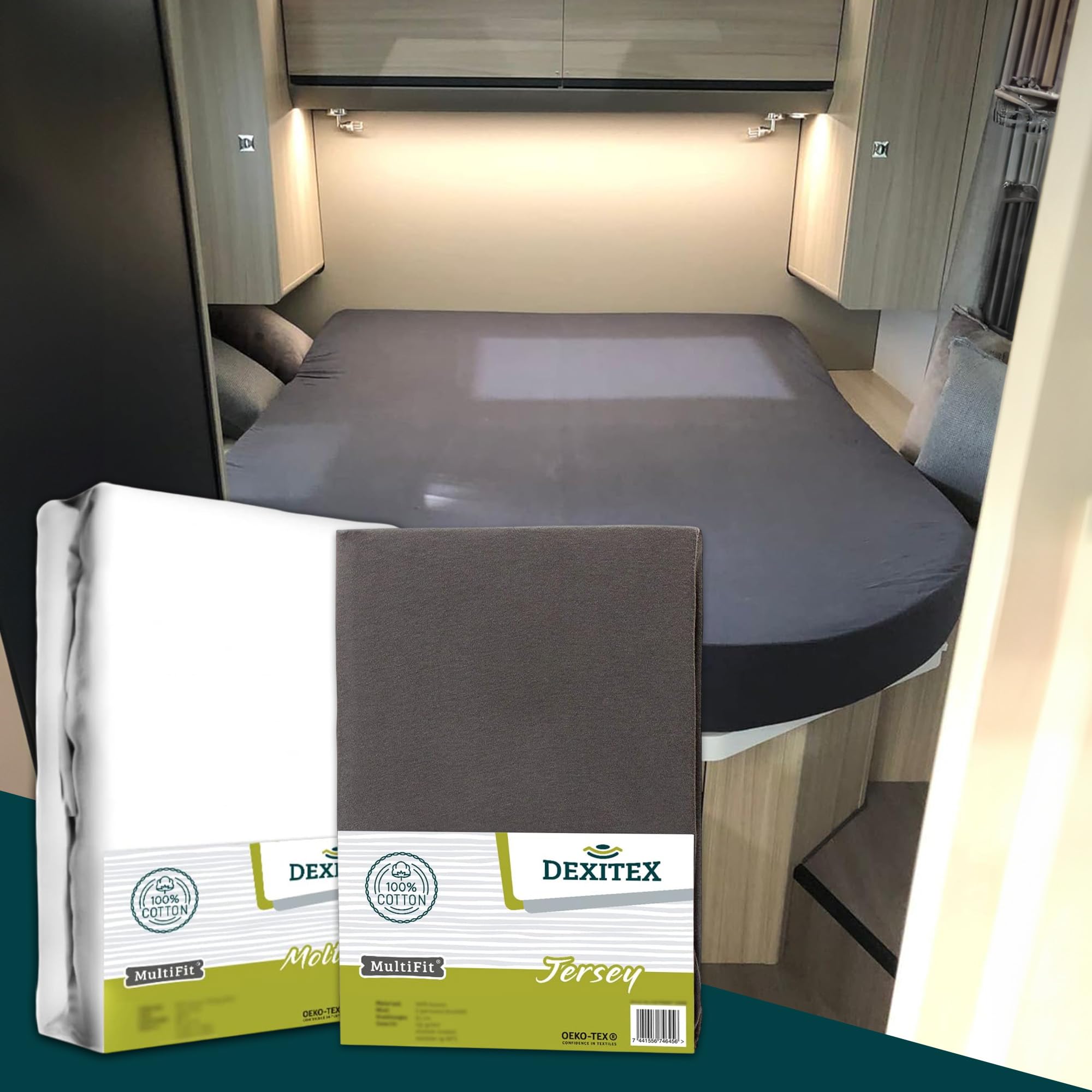 Queensbett Bettset 2er Set 1 Molton, 1 Spannbettlaken Antrazit (130-160cm x 210cm) Für Wohnmobil oder Wohnwagen-Oeko-TEX - 100% Baumwolle