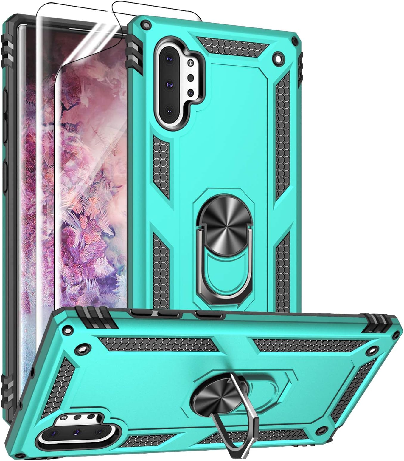 for Samsung Galaxy Note 10 Plus Case with HD Screen Protectors, Military-Grade Metal Ring Holder Stand Drop Tested Shockproof Cover Case for Samsung Note 10+/ 5G Green