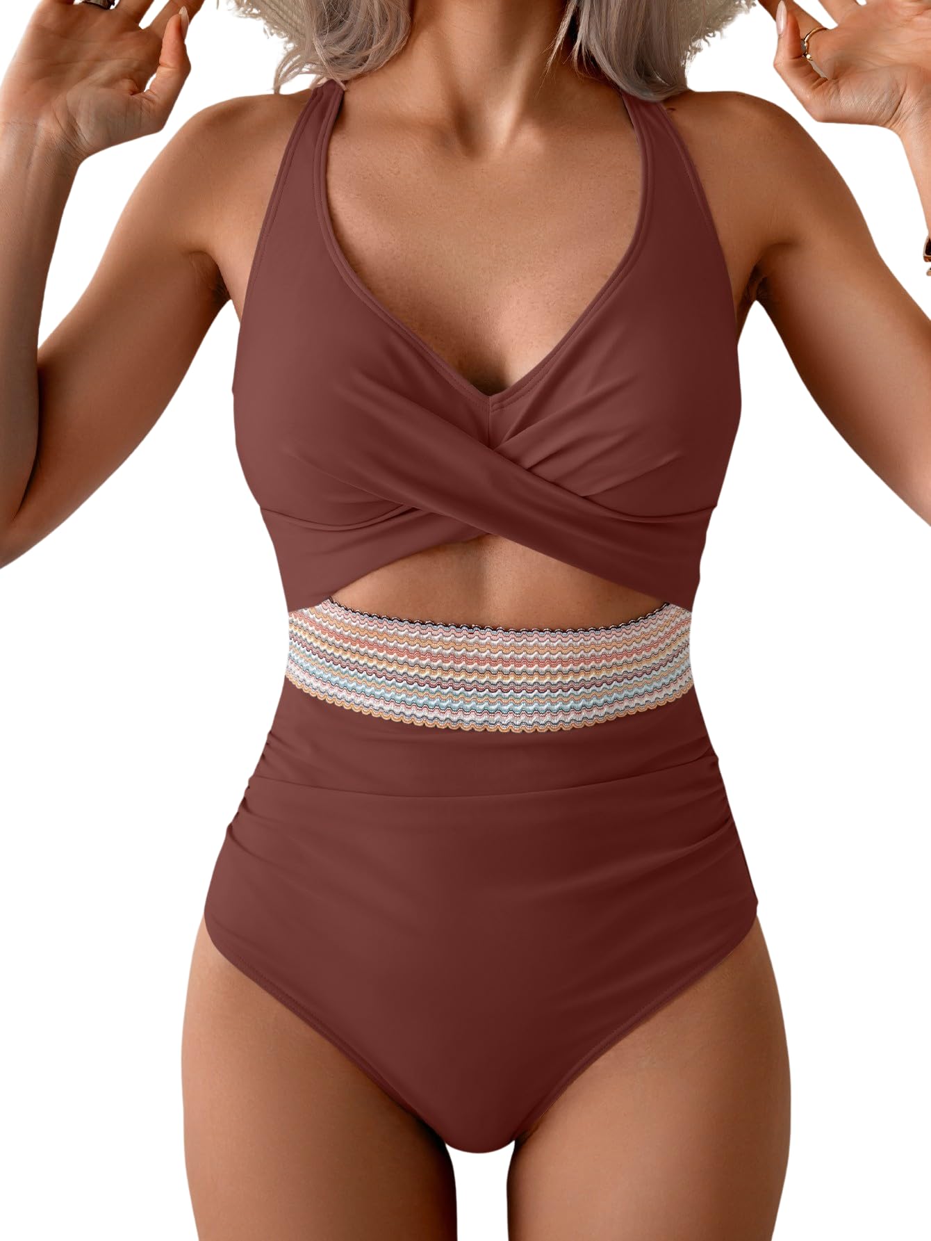 B2prity One Piece Swimsuit for Women Tummy Control V Neck Bathing Suit Color Block High Waisted Cutout Swimwear