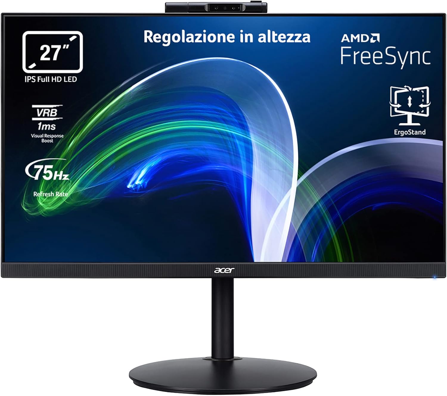 Acer CB272Dbmiprcx Monitor PC Professionale 27, Display IPS Full HD, 75 Hz, 1 ms, 16:9, FreeSync, VGA, HDMI 1.4, DP 1.2, Webcam, Speaker Integrati, Regolazione in Altezza, Cavi HDMI, USB 2.0 Inclusi