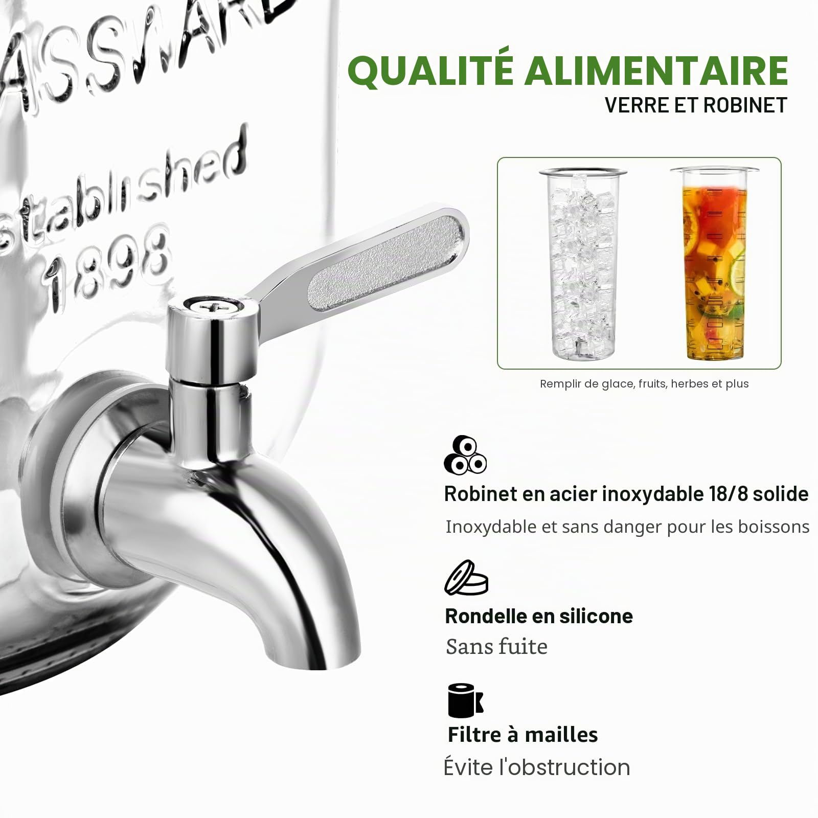 Distributeur de boissons en verre avec support, distributeur de boissons de 3,8 l pour fêtes avec porte-gobelet, comprend un infuseur à glace et à fruits, un robinet en acier inoxydable 18/8