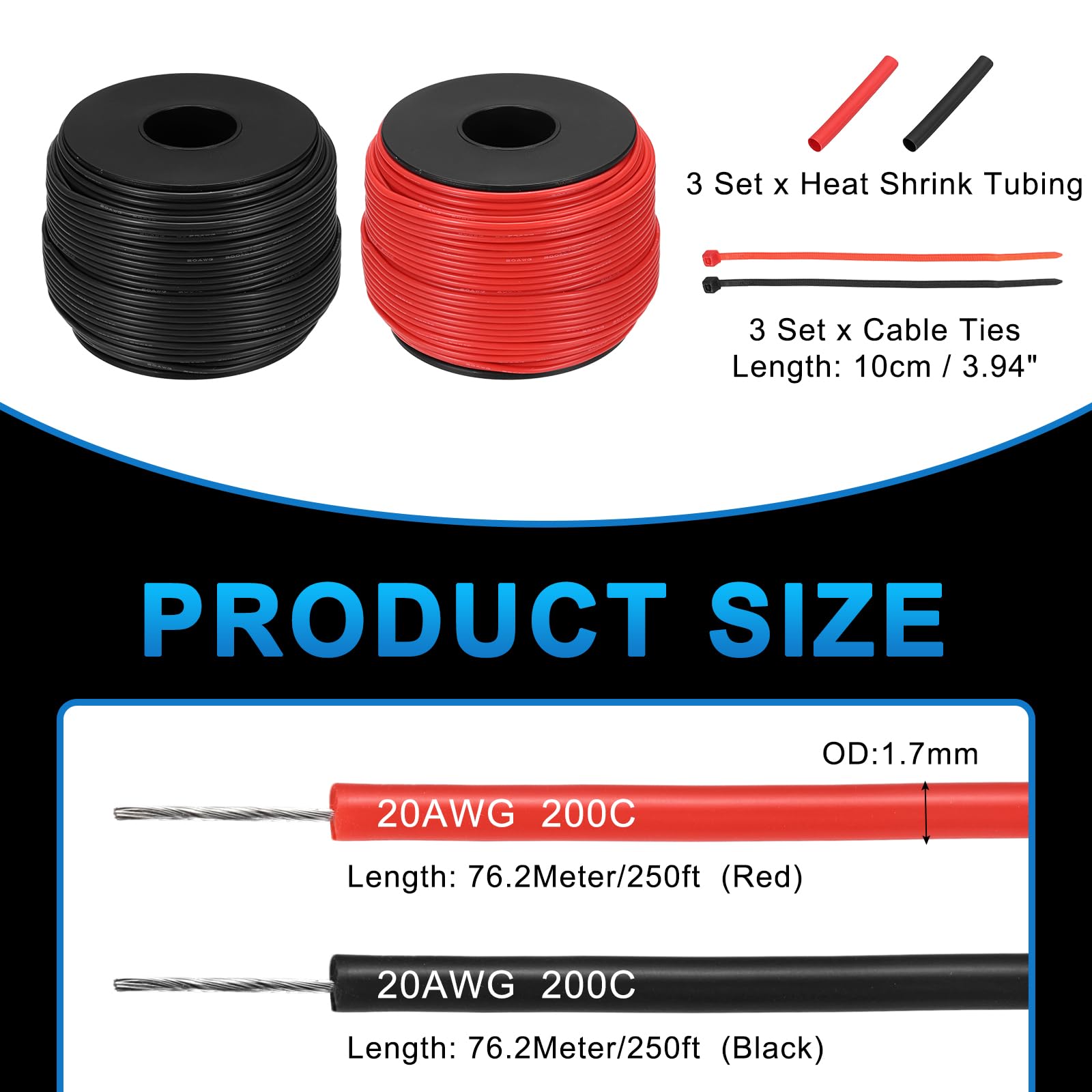 QUARKZMAN 2 Piezas de Carrete de Cable Eléctrico de Silicona 20 AWG, Cable Eléctrico de Cobre Estañado Calibre 20 76.2m/250ft con Tubo Termorretráctil y Bridas - Rojo y Negro