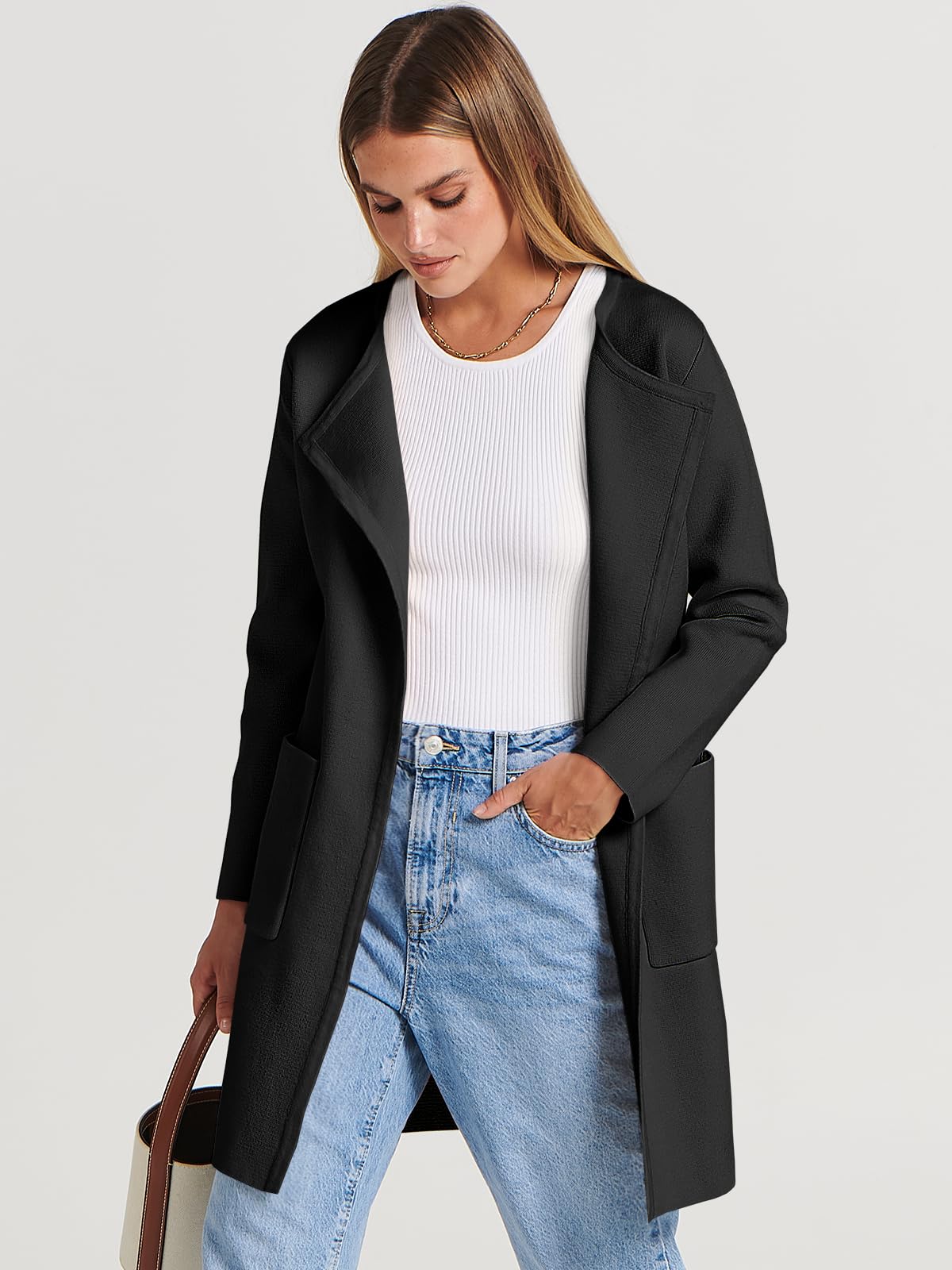 Caracilia Women's Open Front Chunky Knit Cardigan Fall Long Sleeve Lapel Casual Oversized Solid Classy Wool Sweater Jacket Winter Duster Coat 715heise-L Black