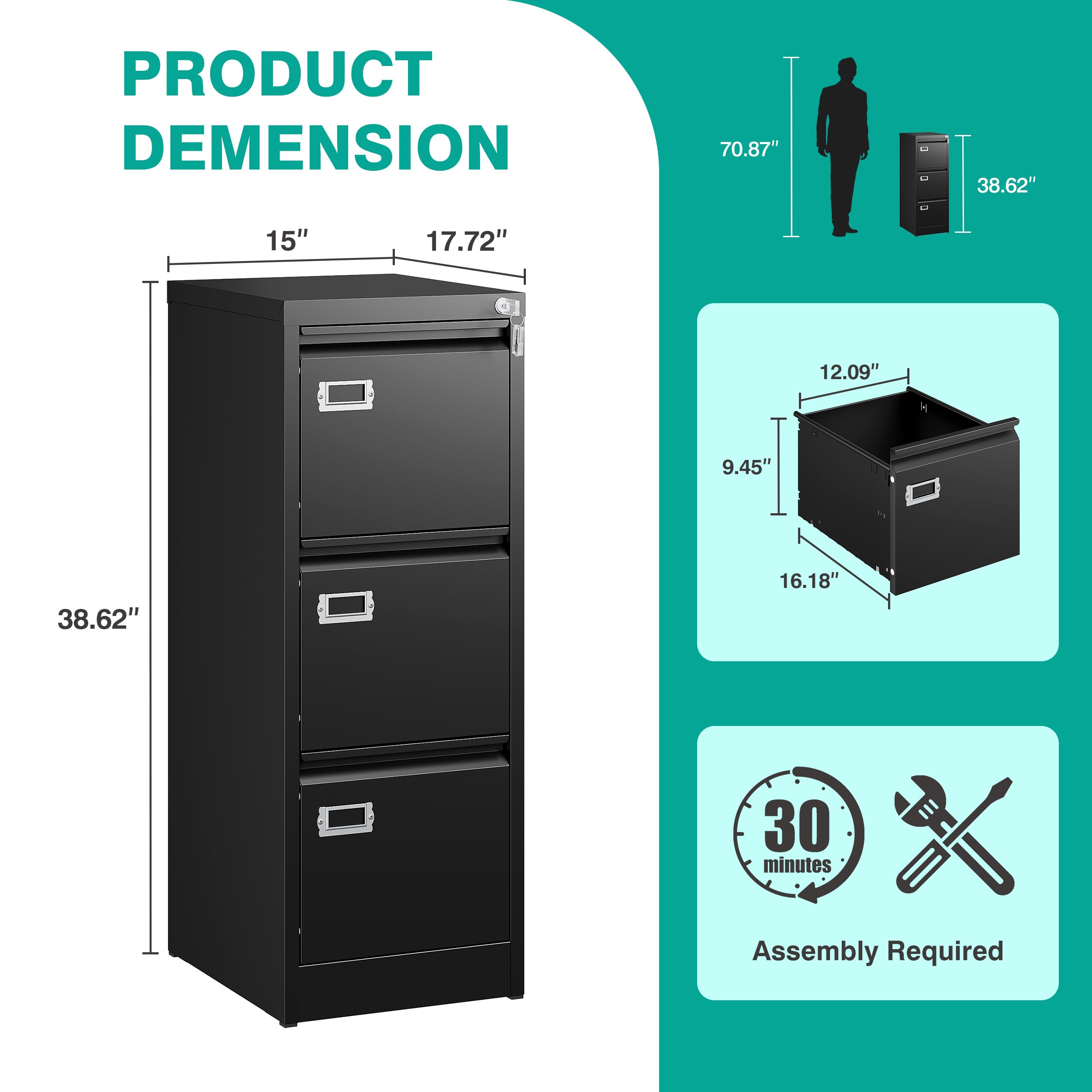 Amazon.com : SISESOL 3 Drawer File Cabinet with Lock and Tag