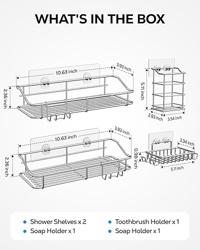 Vista 51 de Nieifi Estante de almacenamiento adhesivo de acero inoxidable sin perforar con ganchos para baño, lavabo, baño, baño, cocina, paquete de 2