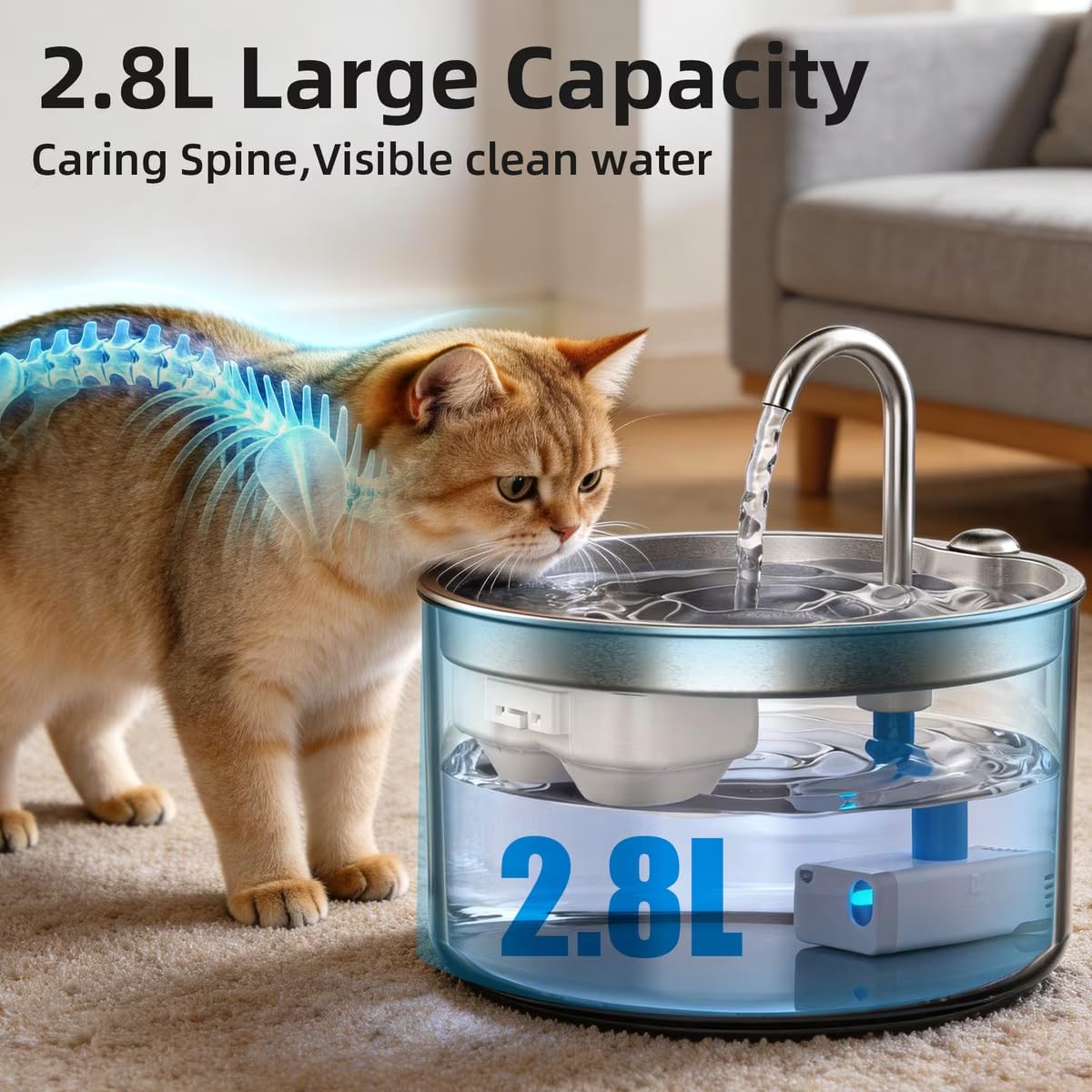 Casfuy PWB-004 - Fuente de agua silenciosa para gatos sin BPA con base de vidrio y bandeja de acero inoxidable, 95 onzas